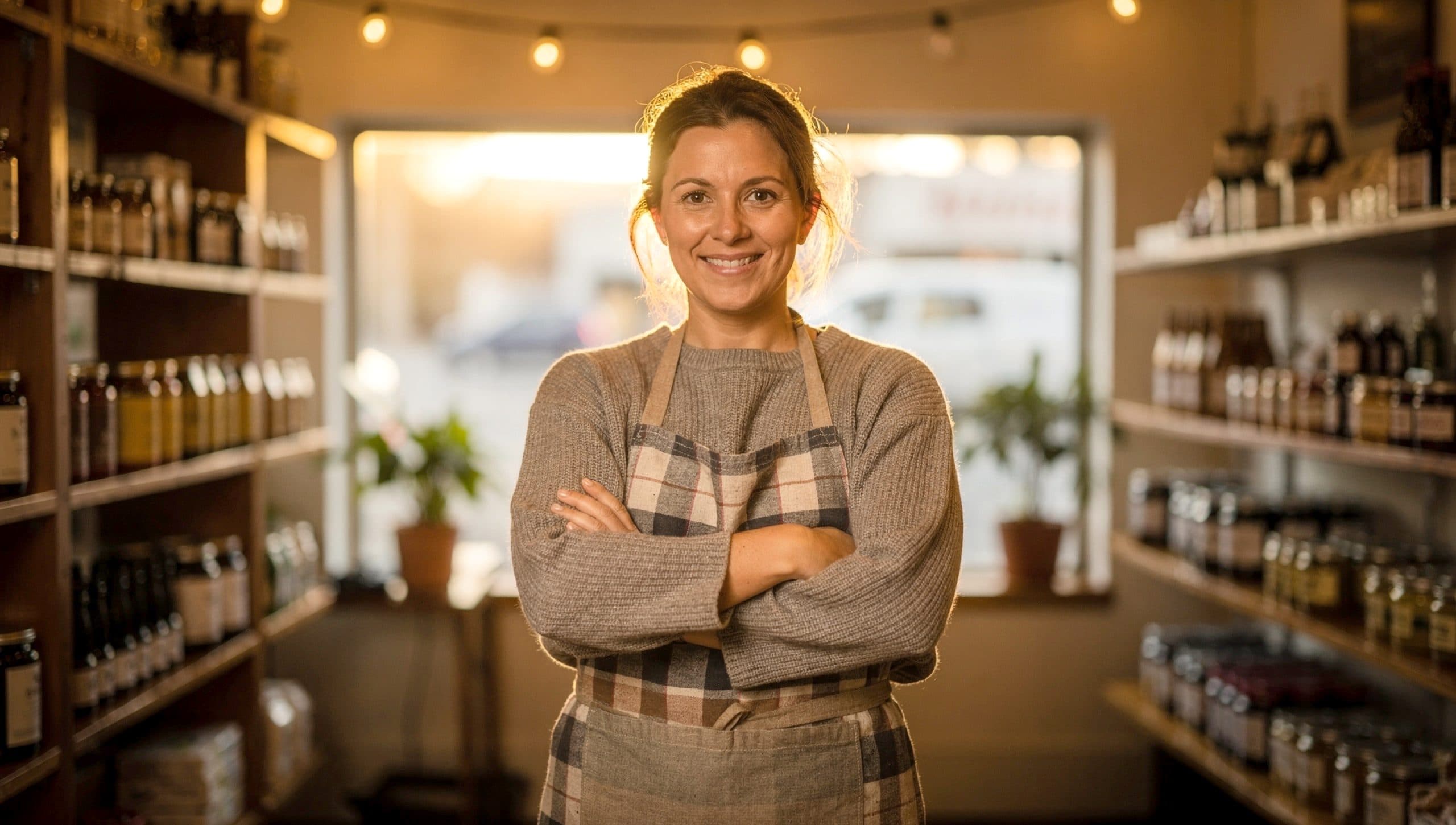 A small business owner standing in her independent café at golden hour