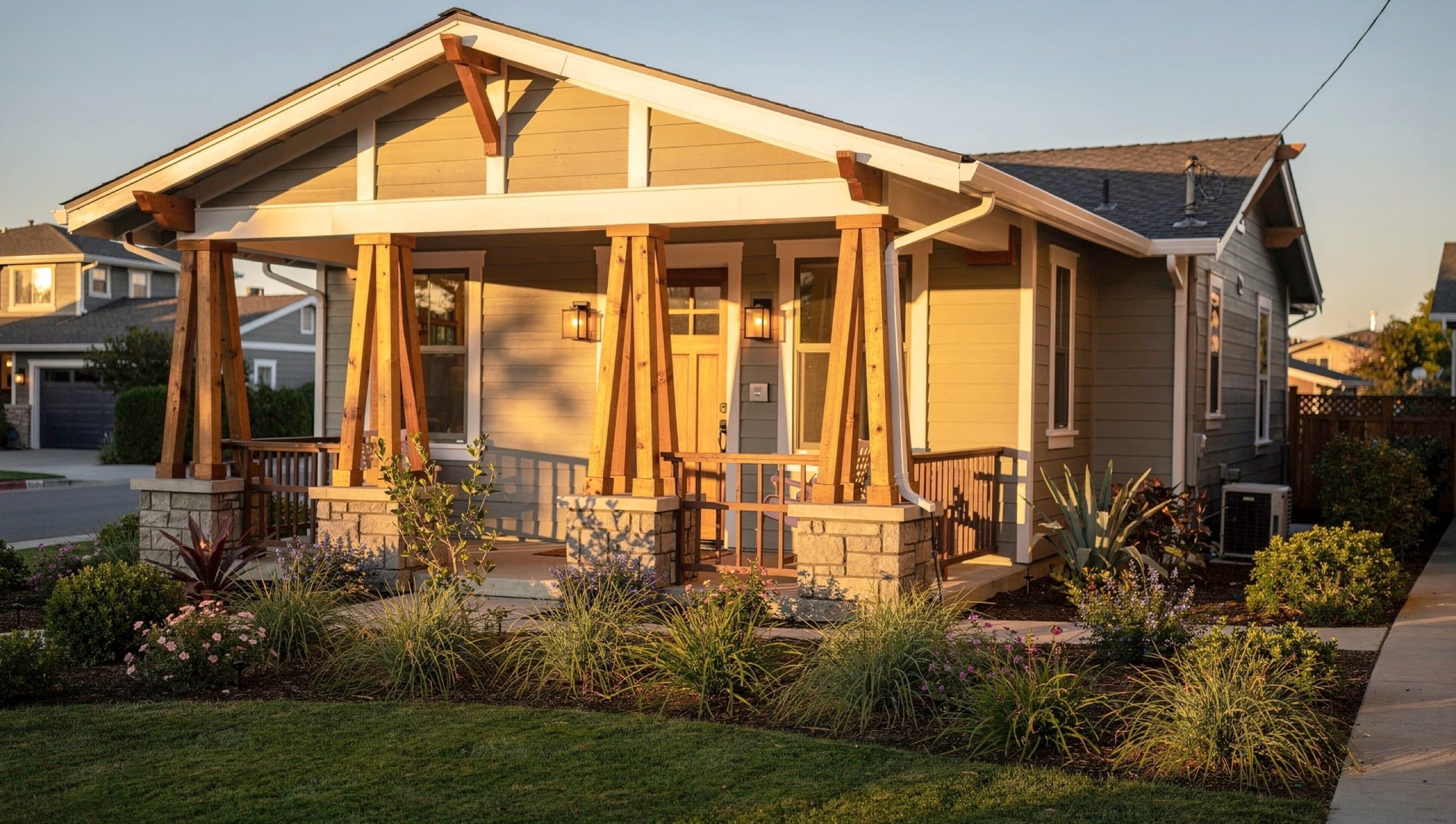 A craftsman-style home exterior with a covered front porch at golden hour